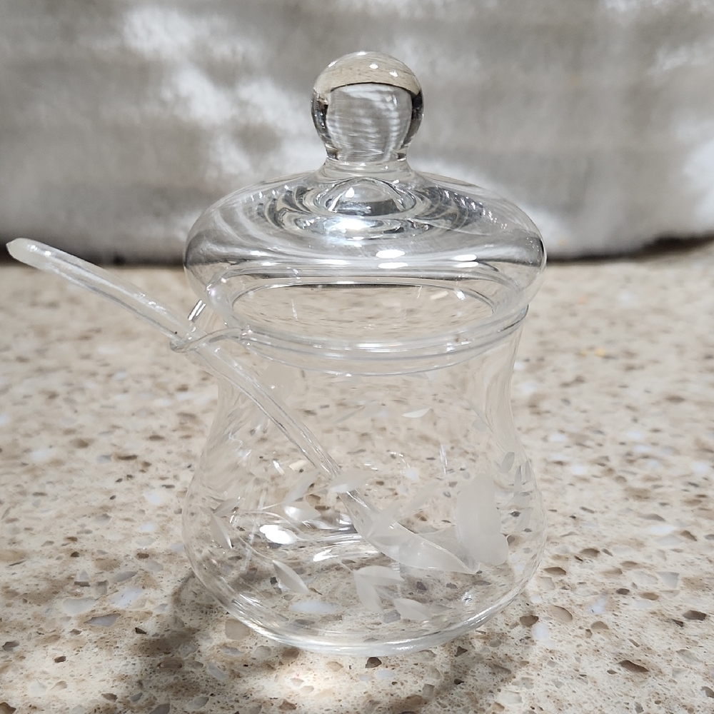 Vintage Glass Etched Floral Creamer Clear Glass Sugar Bowl with Lid_ Spoon